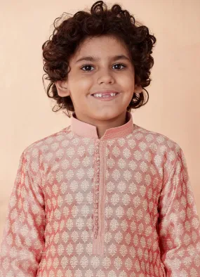 Manyavar Boys Salmon Pink Jacquard Kurta Set