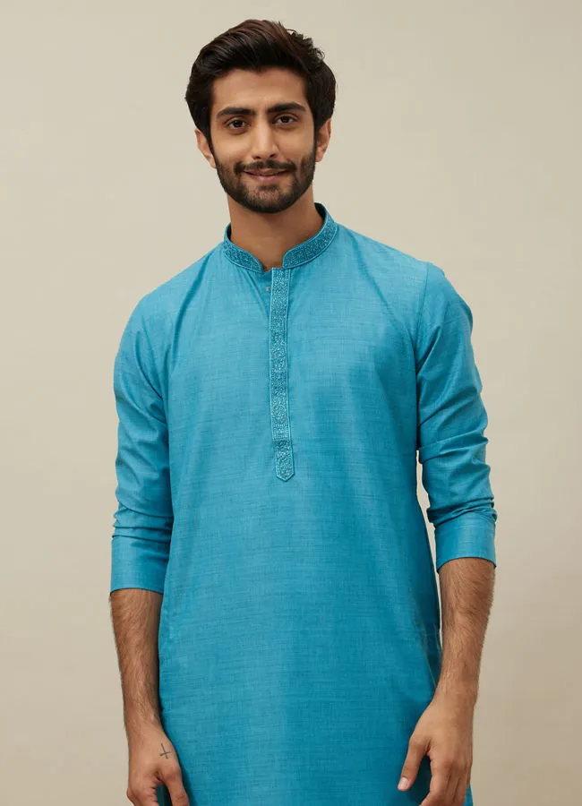 Manyawar Ferozi Blue Embroidered Placket Kurta Set