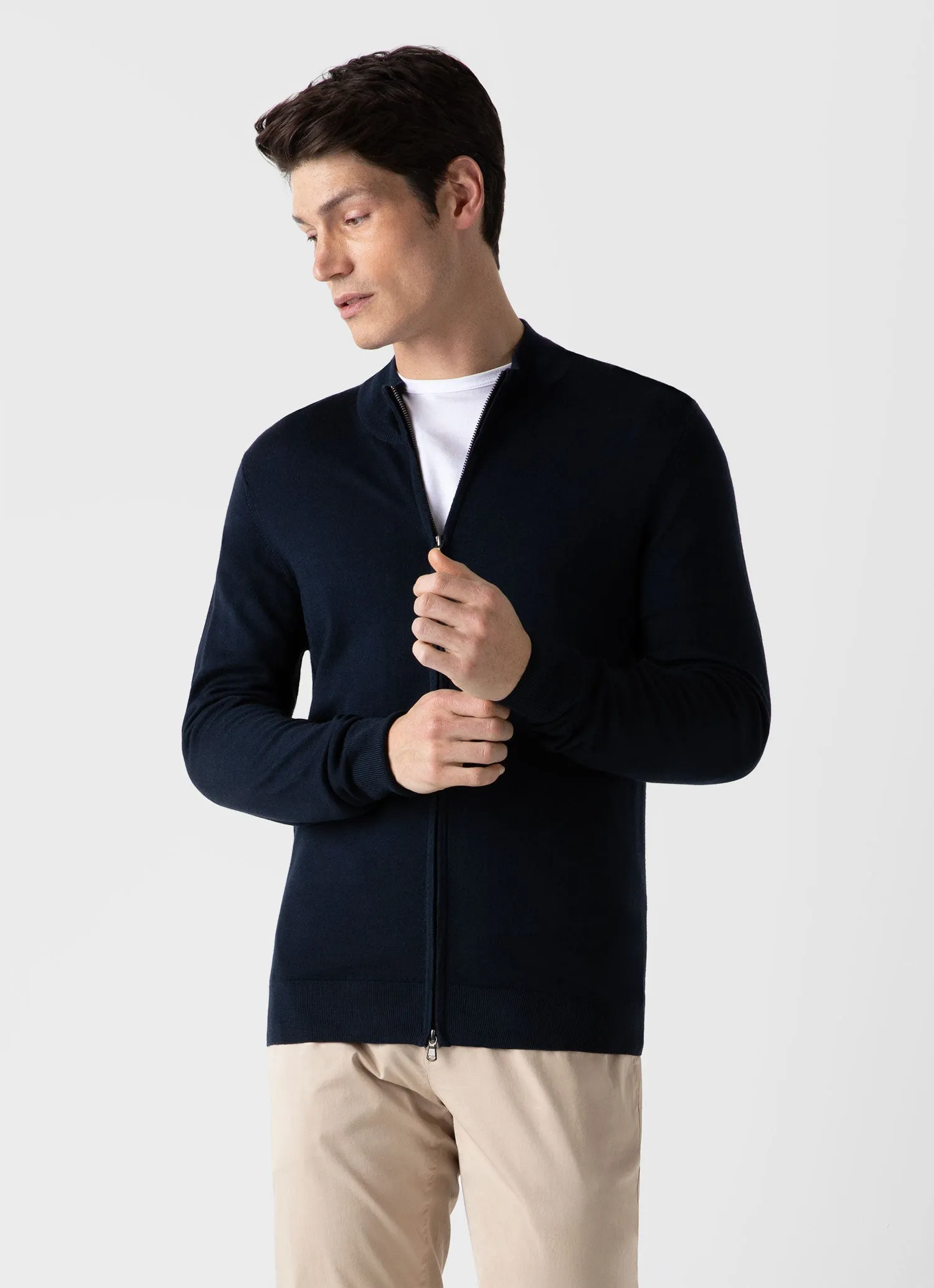 Men's Extra-Fine Merino Zip Cardigan in Light Navy