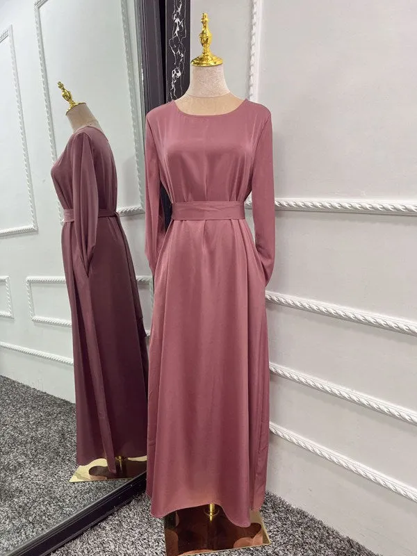 Muslim Women Solid Color Satin Abaya Robe Dress With Pokcet And Belt