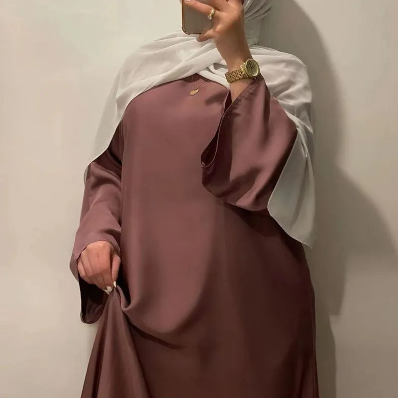 Muslim Women Solid Color Satin Abaya Robe Dress With Pokcet And Belt