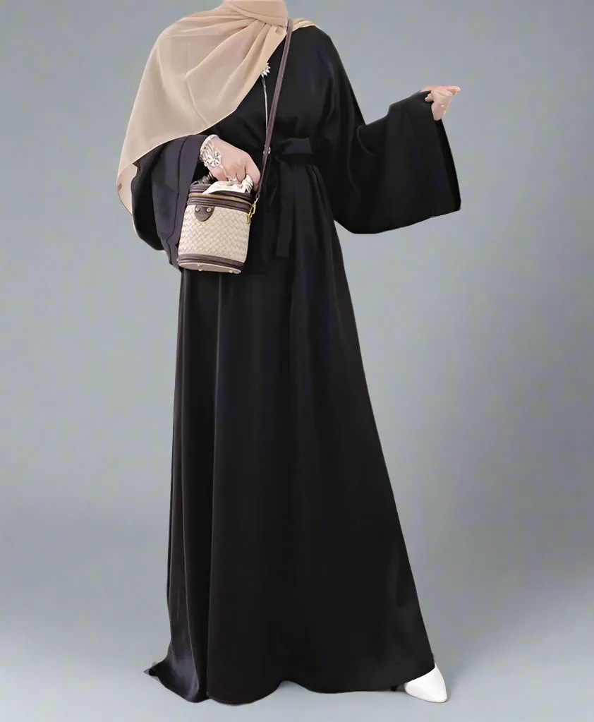 Muslim Women Solid Color Satin Abaya Robe Dress With Pokcet And Belt