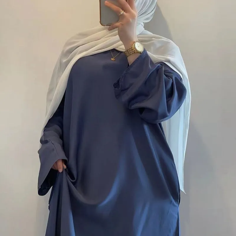 Muslim Women Solid Color Satin Abaya Robe Dress With Pokcet And Belt