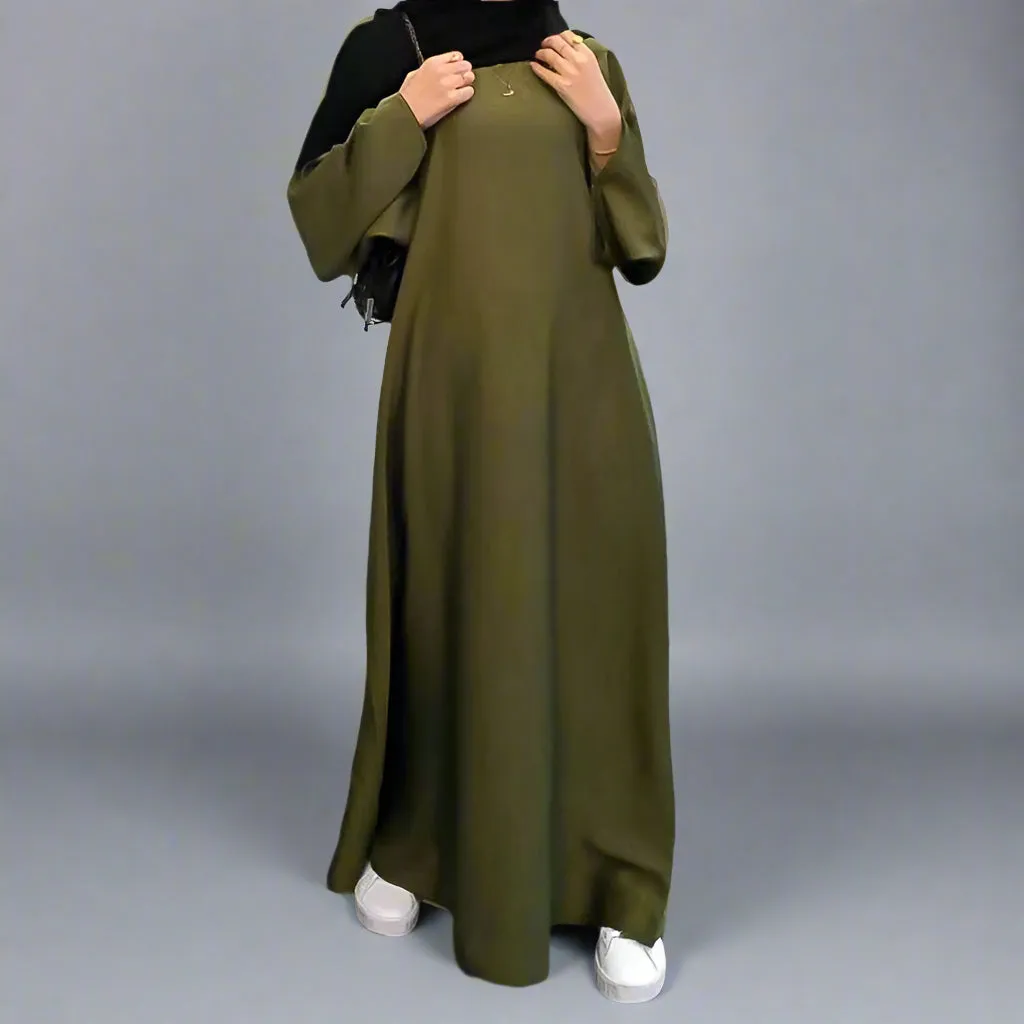 Muslim Women Solid Color Satin Abaya Robe Dress With Pokcet And Belt