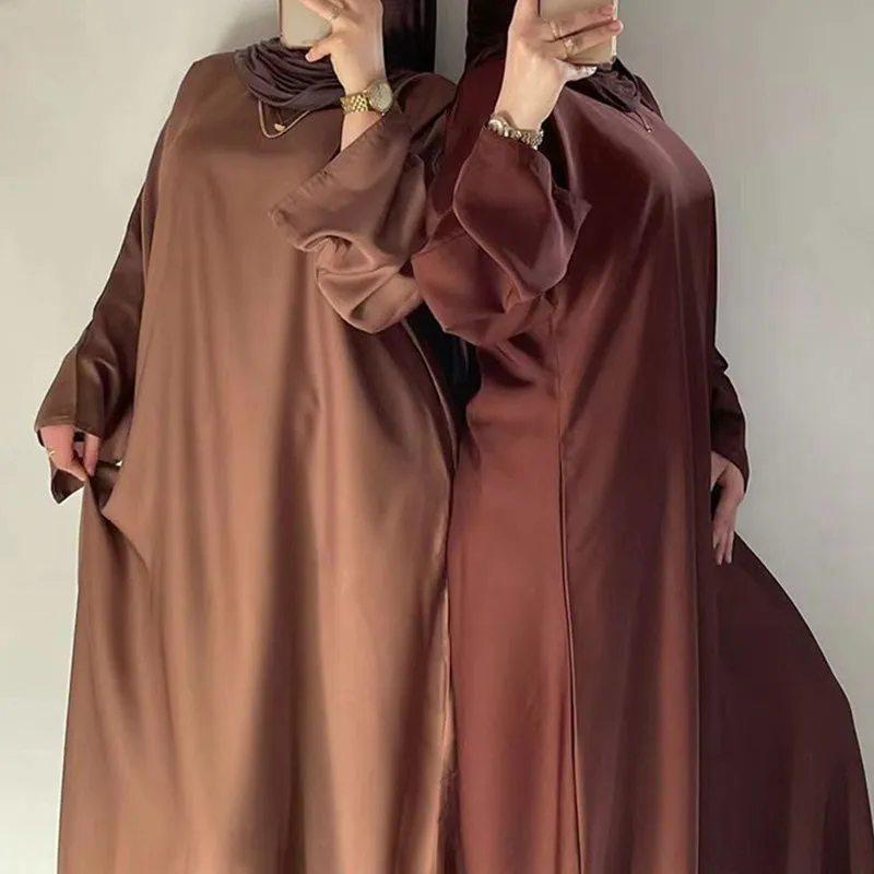 Muslim Women Solid Color Satin Abaya Robe Dress With Pokcet And Belt