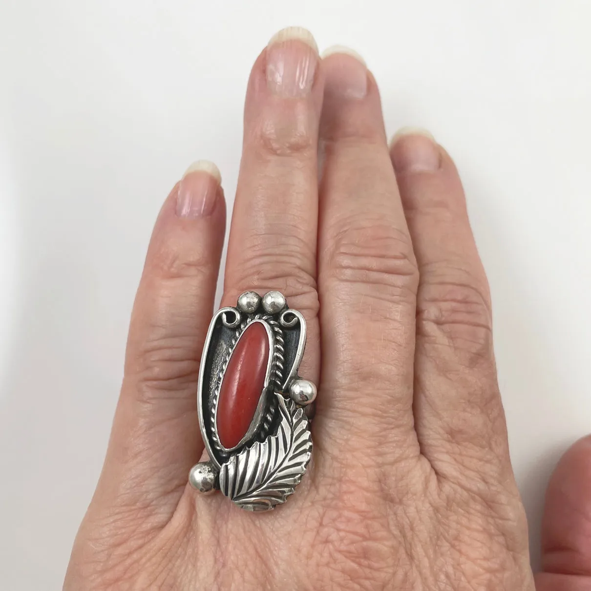 Old Pawn Red Coral Navajo Ring Size 6.25