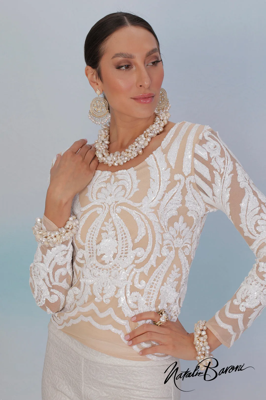 Pearl White Sequin Top - La Scala