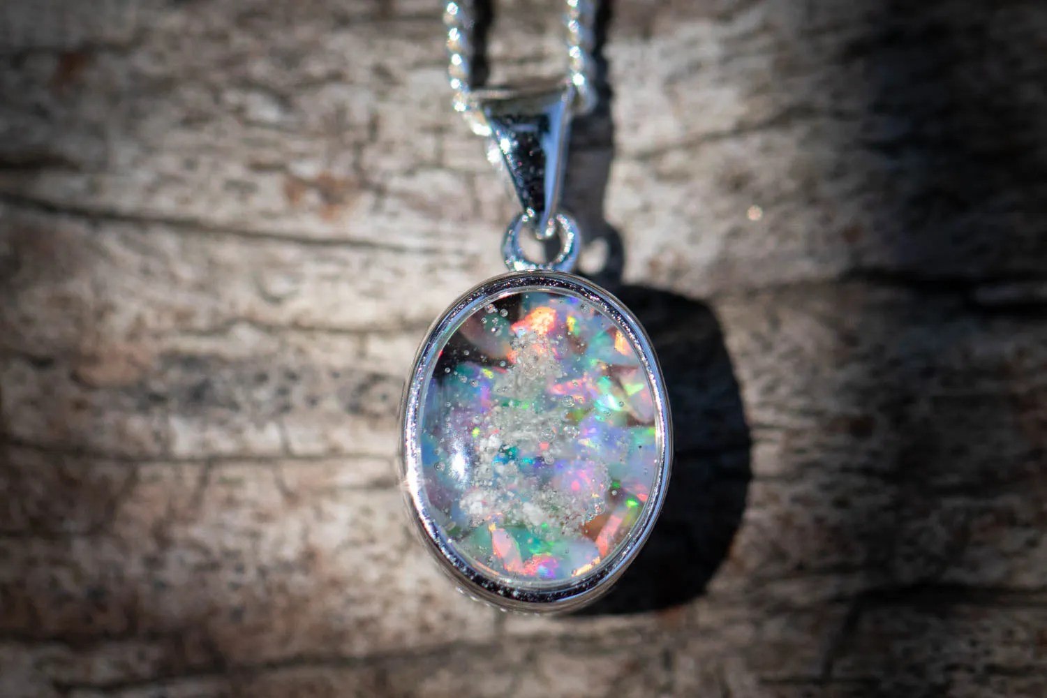 Petite Oval Pendant with Crushed Opal and Cremation Ash