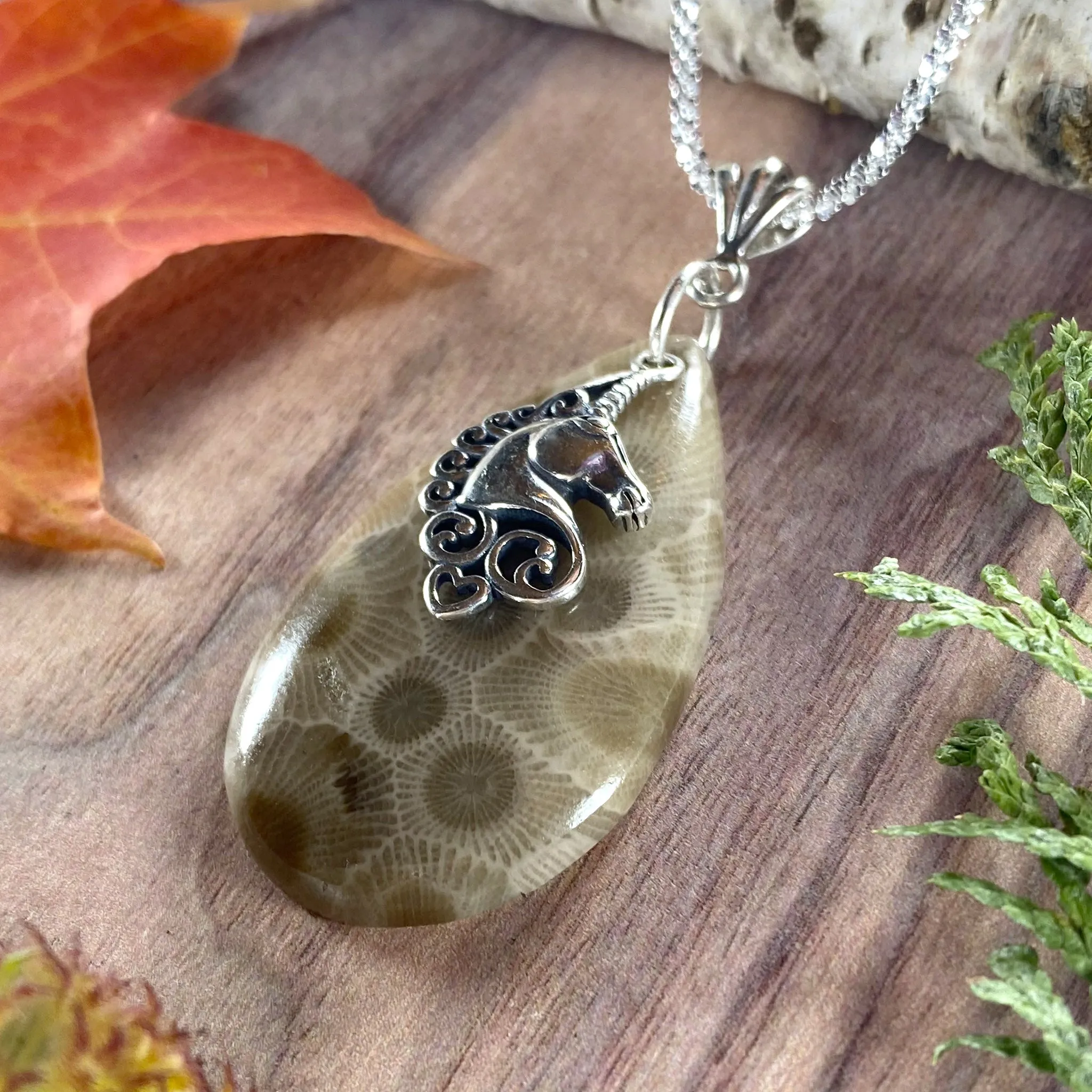 Petoskey Stone Unicorn Charm Pendant Necklace