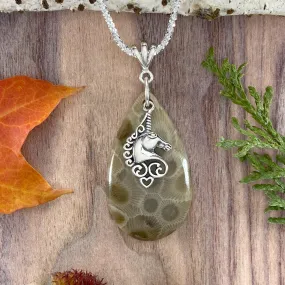 Petoskey Stone Unicorn Charm Pendant Necklace