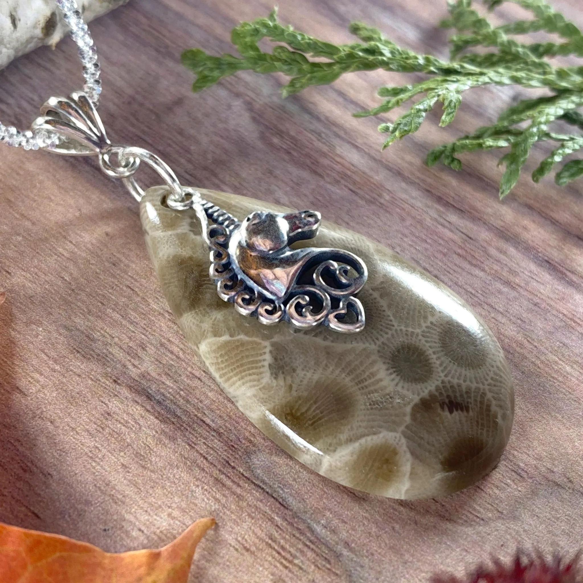 Petoskey Stone Unicorn Charm Pendant Necklace