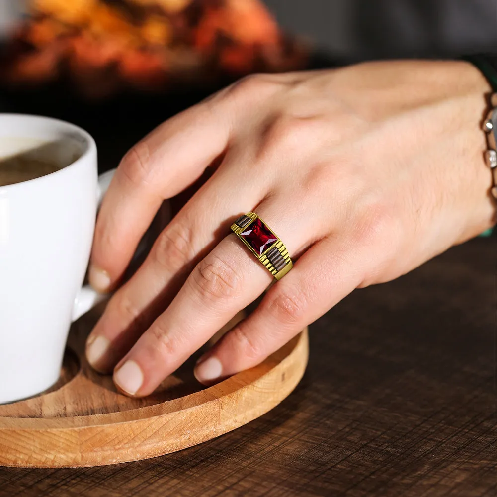 Real Solid 10k Yellow Gold Ring Red Rectangle Ruby Stone Band for Men