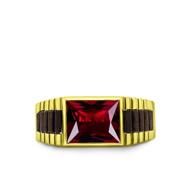 Real Solid 10k Yellow Gold Ring Red Rectangle Ruby Stone Band for Men