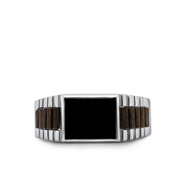 Rectangle Black Onyx Stone Ring Solid Fine 14k White Gold Men's Heavy Wide Ring