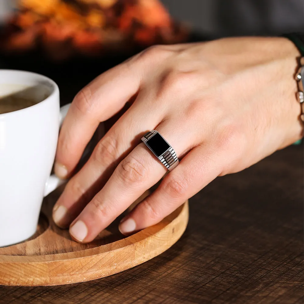 Rectangle Black Onyx Stone Ring Solid Fine 14k White Gold Men's Heavy Wide Ring