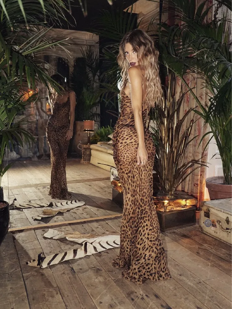 Sexy Spaghetti Strap Leopard Long Sundress Maxi Dress Summer Clothing For Women Club Party Dresses Evening Beach Wear A1224