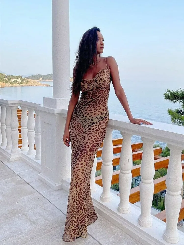 Sexy Spaghetti Strap Leopard Long Sundress Maxi Dress Summer Clothing For Women Club Party Dresses Evening Beach Wear A1224