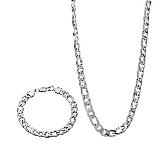 Solid Sterling Silver Figaro Chain Necklace & Bracelet Set for Men