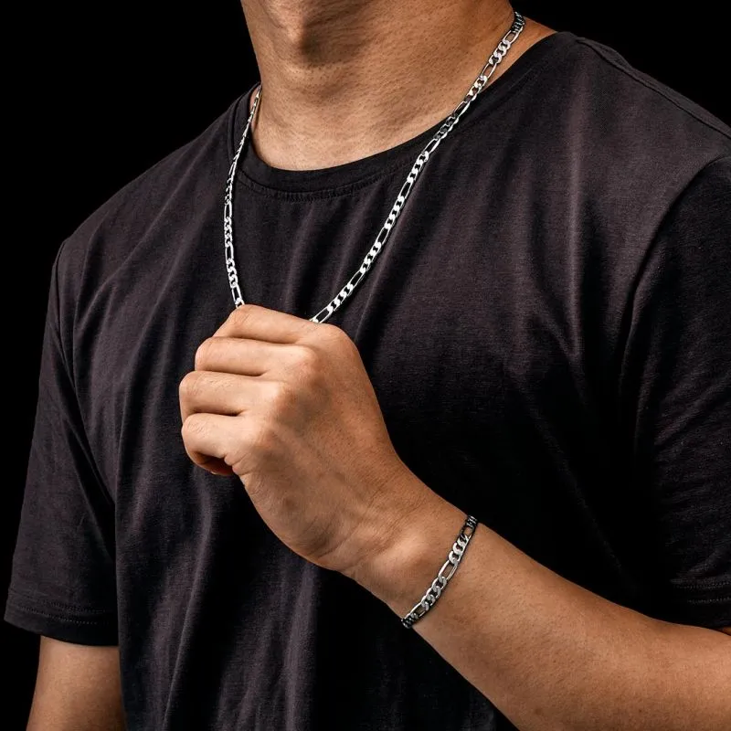 Solid Sterling Silver Figaro Chain Necklace & Bracelet Set for Men