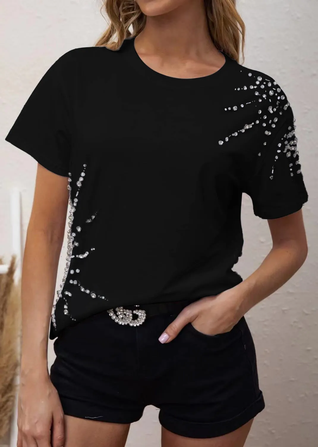 T Shirt Donna Maglia Mezza Manica Strass Casual Comoda Easy