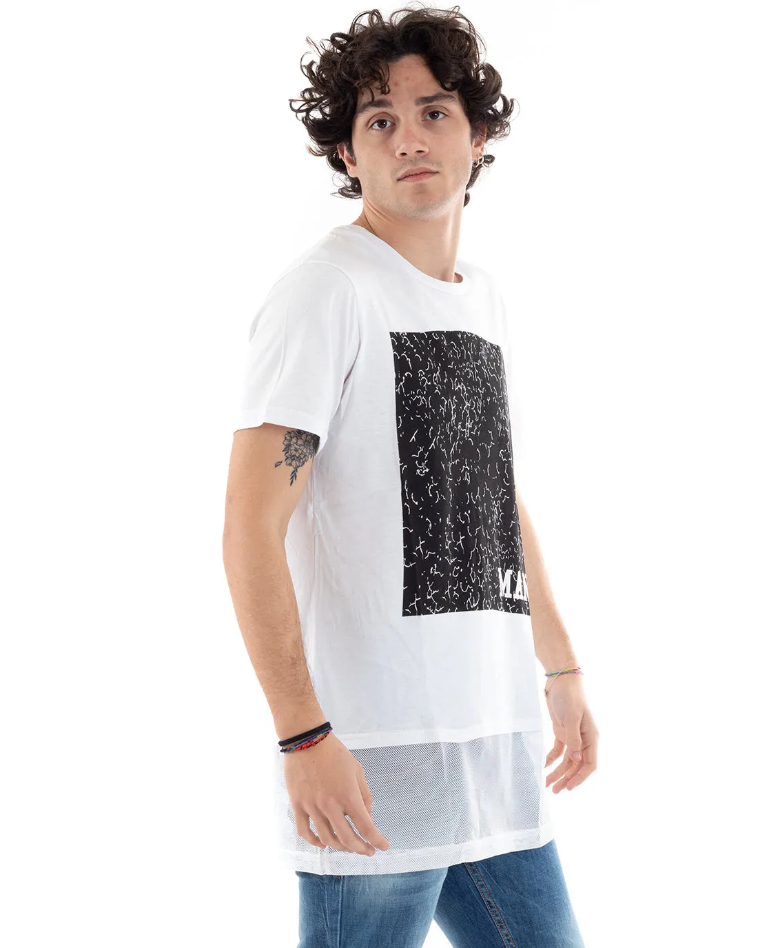 T-Shirt Uomo Mezza Manica Lunga Rete Stampa Man Slim Bianca GIOSAL