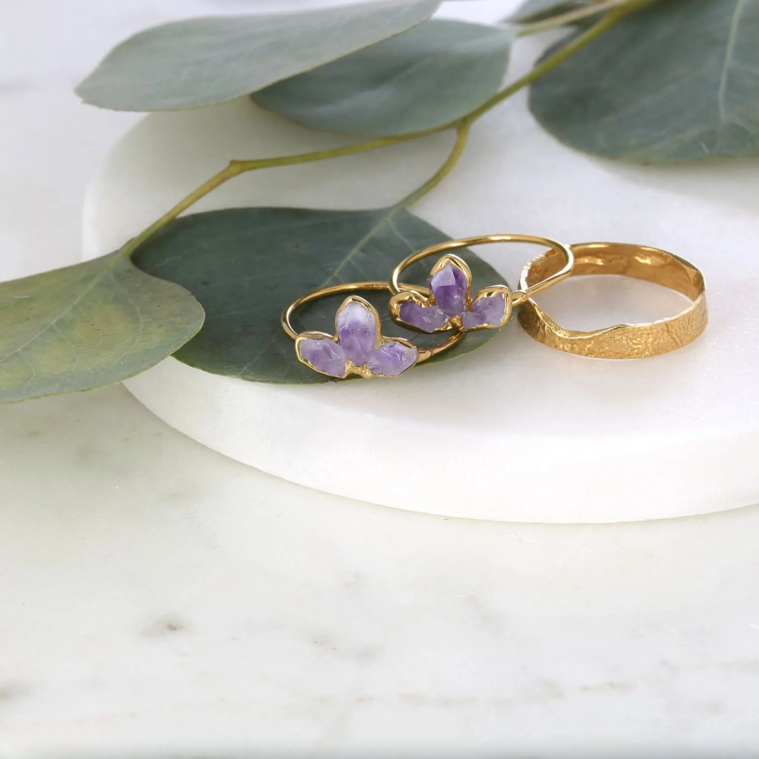 Triple Raw Amethyst Fan Ring • Gold Filled • Unique Edgy Gemstone Stacking Ring • February Birthstone • Whimsigoth Aesthetic • 24k Dip