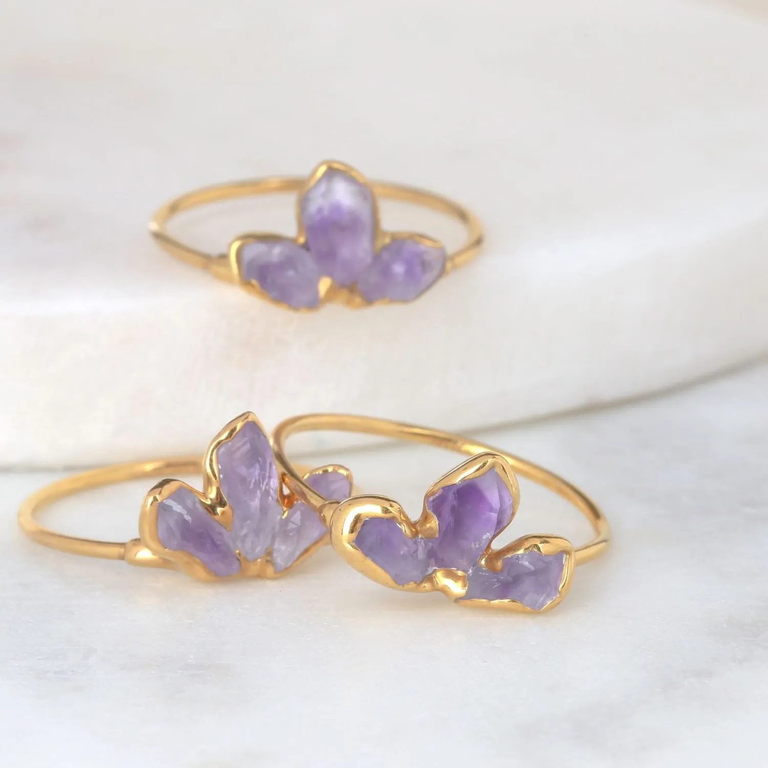 Triple Raw Amethyst Fan Ring • Gold Filled • Unique Edgy Gemstone Stacking Ring • February Birthstone • Whimsigoth Aesthetic • 24k Dip