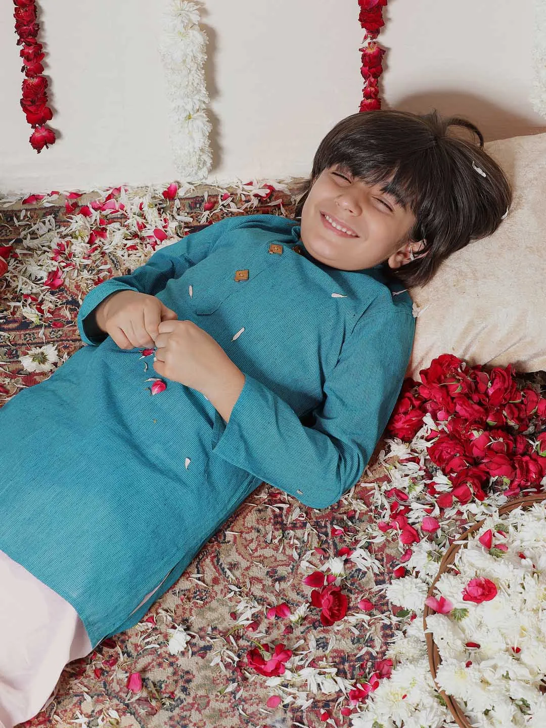 Vastramay Boy's Aqua Blue Cotton Kurta and Pyjama Set