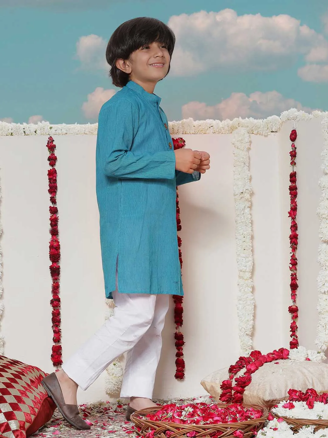 Vastramay Boy's Aqua Blue Cotton Kurta and Pyjama Set