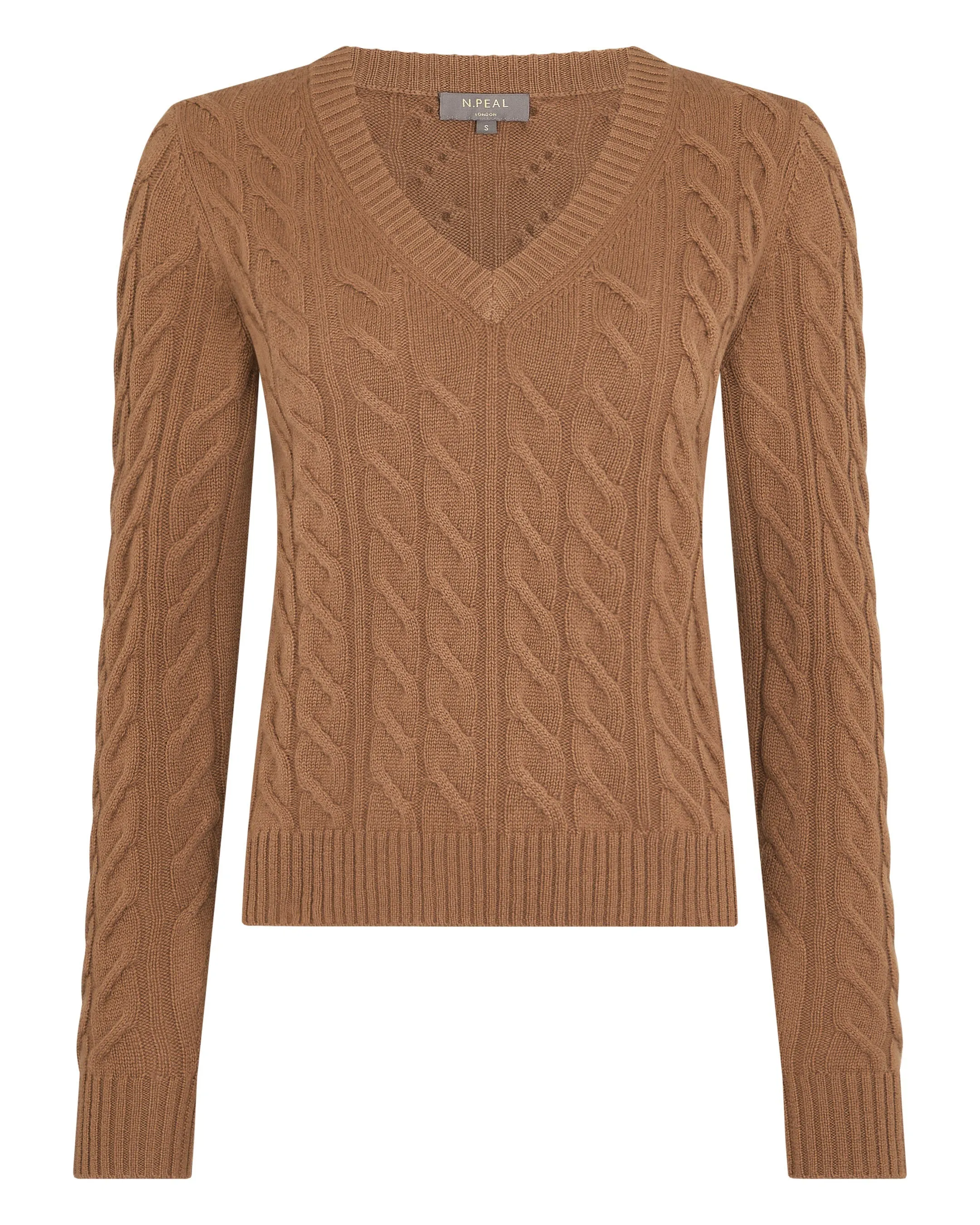 Women's Frankie Cable V Neck Cashmere Sweater Dark Camel Brown