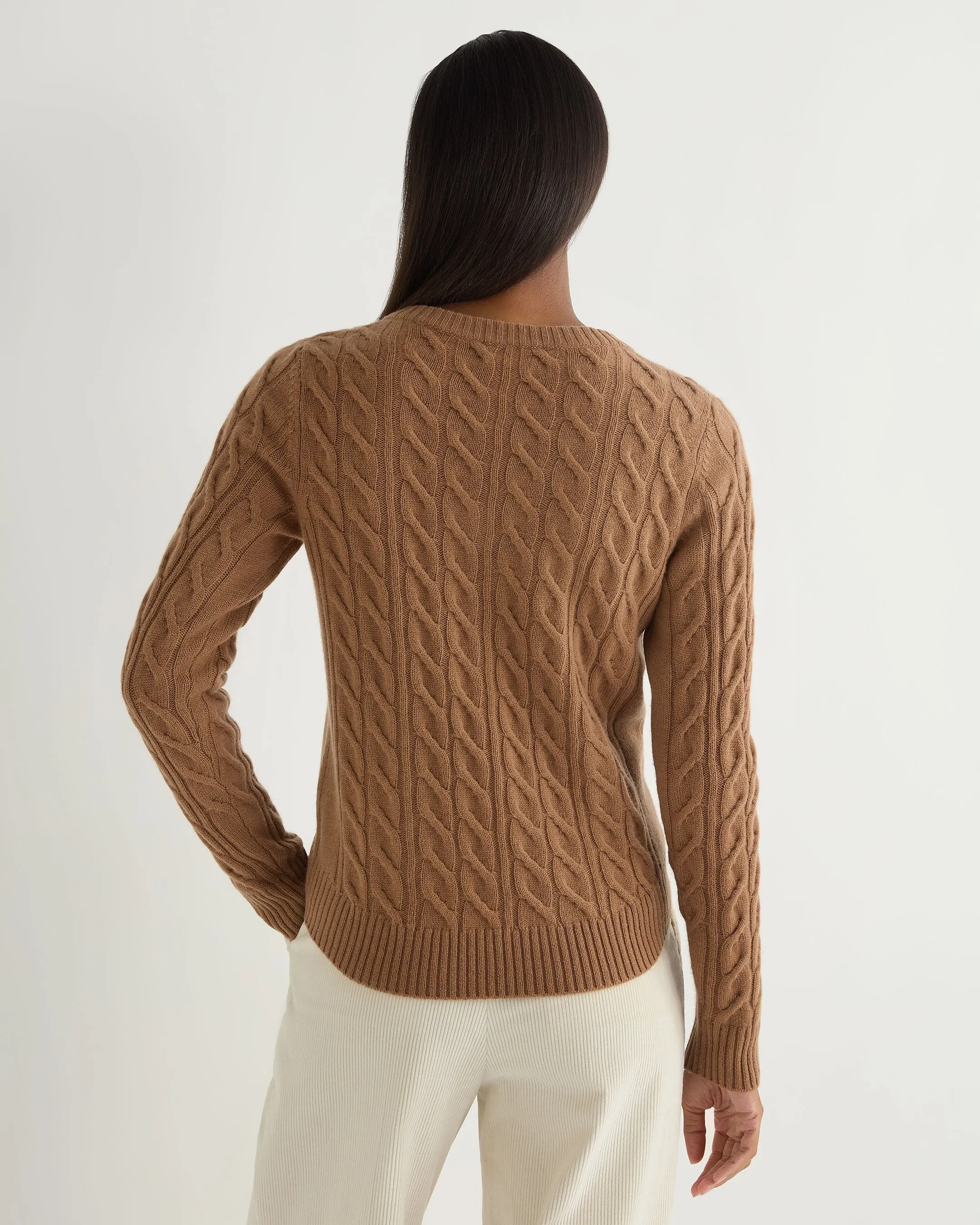 Women's Frankie Cable V Neck Cashmere Sweater Dark Camel Brown